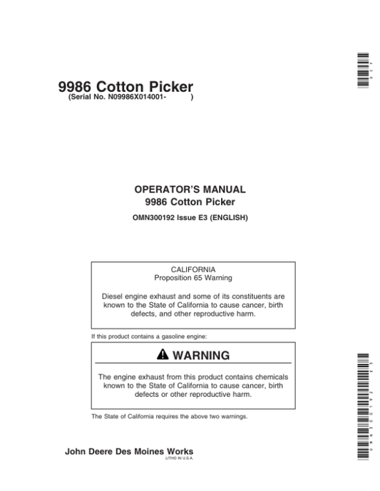 John Deere 9986 Cotton Picker (014001-) Operator’s Manual (OMN300192) Workshop Guide