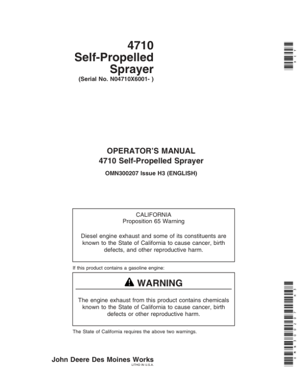 John Deere 4710 Self Propelled Sprayer (006001-) Operator’s Manual (OMN300207) Workshop Guide