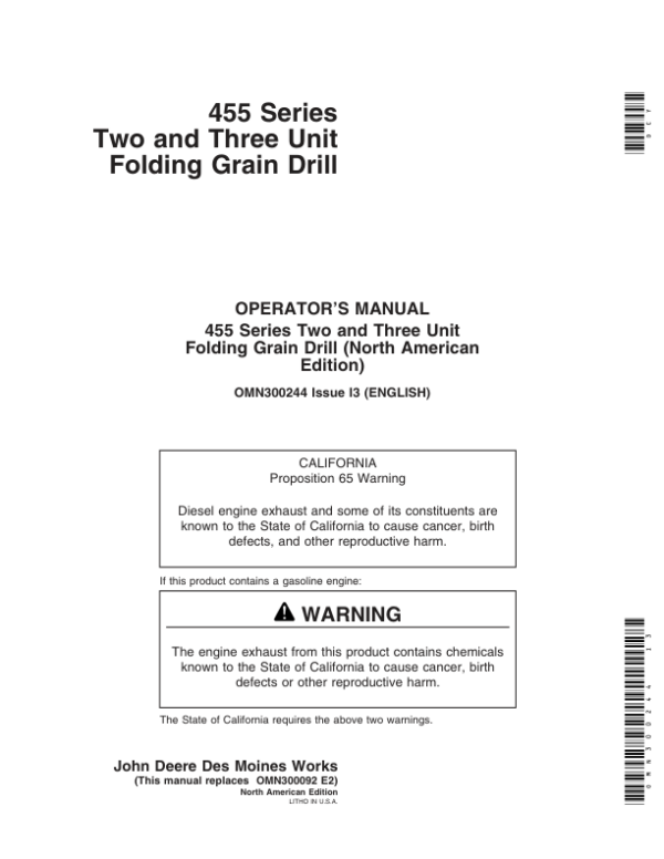 John Deere 455 Folding Grain Drills Operator’s Manual (OMN300244) Workshop Guide