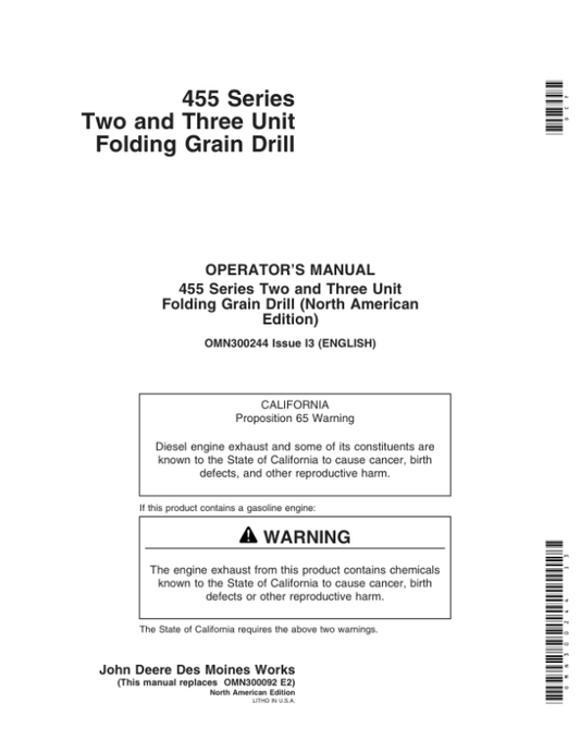 John Deere 455 Folding Grain Drills Operator’s Manual (OMN300244) Workshop Guide