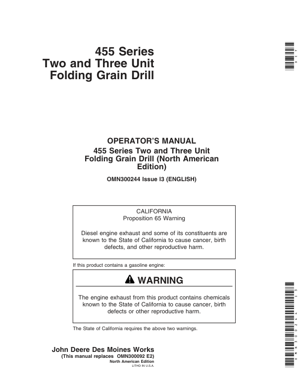 John Deere 455 Folding Grain Drills Operator’s Manual (OMN300244) Workshop Guide