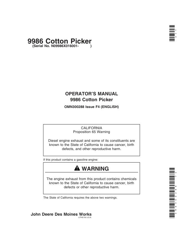 John Deere 9986 Cotton Picker (016001-) Operator’s Manual (OMN300288) Workshop Guide