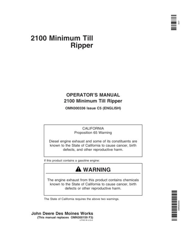 John Deere 2100 Minimum Till Ripper North America (000000-007999) Operator’s Manual (OMN300336) Workshop Guide