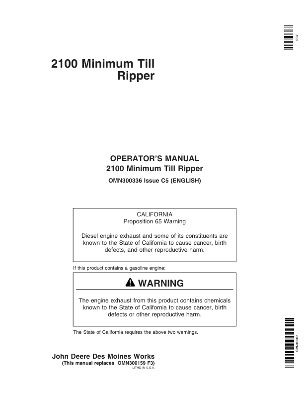 John Deere 2100 Minimum Till Ripper North America (000000-007999) Operator’s Manual (OMN300336) Workshop Guide