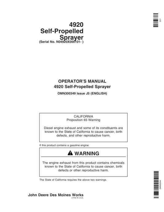 John Deere 4920 Self-Propelled Sprayer (000101-) Operator’s Manual (OMN300349) Workshop Guide