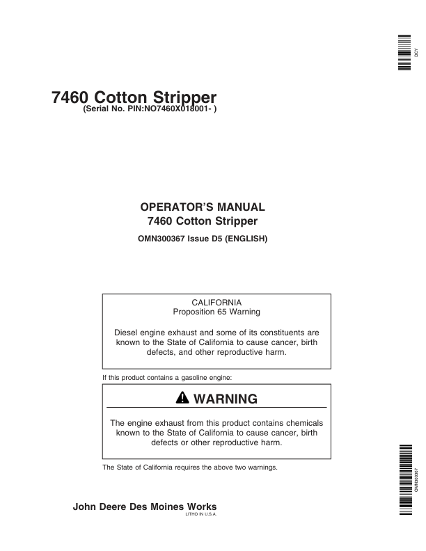 John Deere 7460 Cotton Strippers North America (018001-020000) Operator’s Manual (OMN300367) Workshop Guide