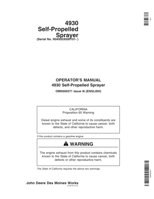 John Deere 4930 Self-Propelled Sprayer (000101-) Operator’s Manual (OMN300371) Workshop Guide