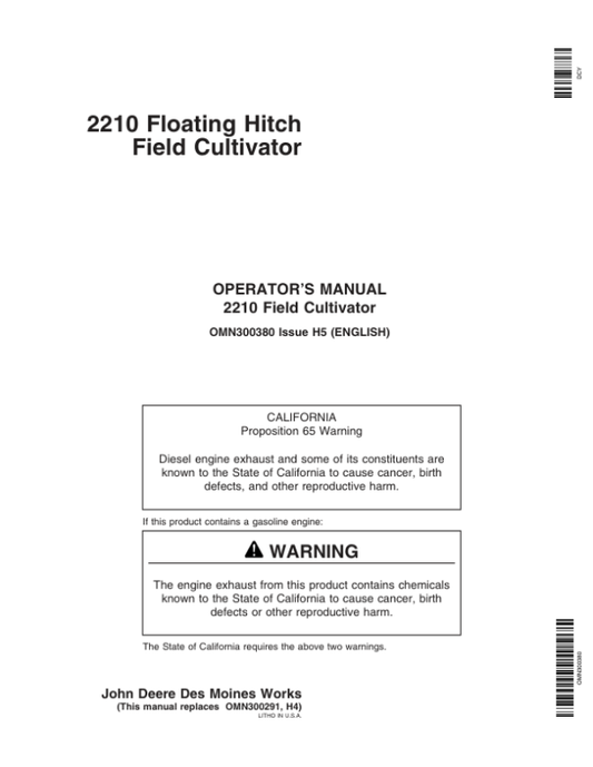 John Deere 2210 Floating Hitch Field Cultivator North America (002000-002999) Operator’s Manual (OMN300380) Workshop Guide