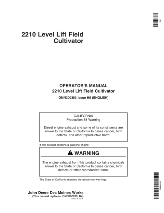 John Deere 2210 Level-Lift Field Cultivator North America (000000-004000) Operator’s Manual (OMN300383) Workshop Guide
