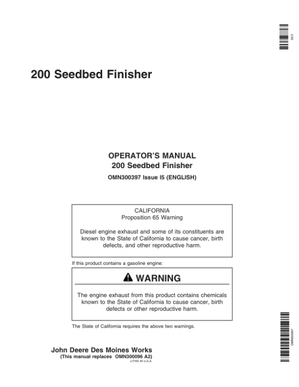 John Deere 200 Seedbed Finisher (OM/PDI Combination) Operator’s Manual (OMN300397) Workshop Guide