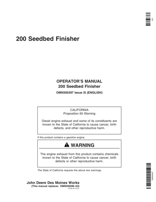 John Deere 200 Seedbed Finisher (OM/PDI Combination) Operator’s Manual (OMN300397) Workshop Guide