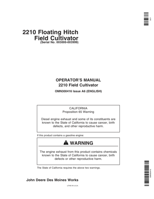 John Deere 2210 Floating Hitch Field Cultivator North America (003000-003999) Operator’s Manual (OMN300416) Workshop Guide