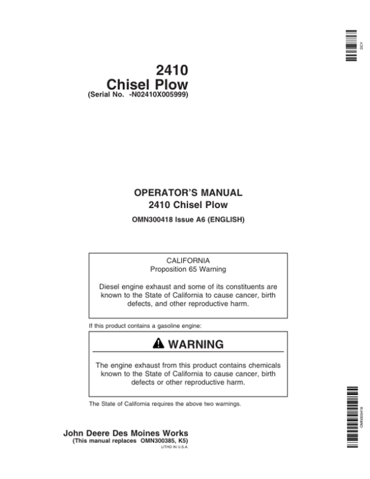 John Deere 2410 Chisel Plow North America (000000-005999) Operator’s Manual (OMN300418) Workshop Guide