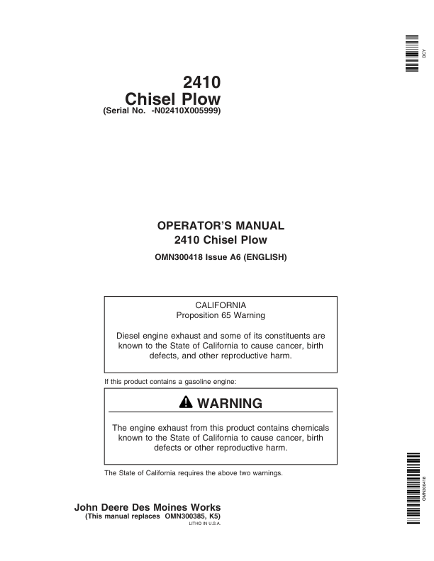 John Deere 2410 Chisel Plow North America (000000-005999) Operator’s Manual (OMN300418) Workshop Guide