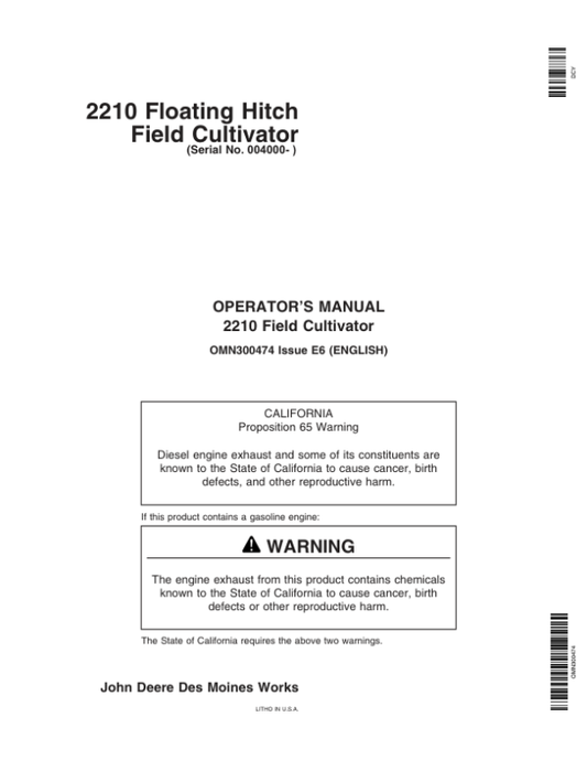 John Deere 2210 Floating Hitch Field Cultivator North America (004000-005999) Operator’s Manual (OMN300474) Workshop Guide