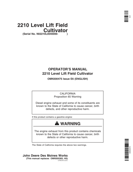 John Deere 2210 Level-Lift Field Cultivator North America (040000-740100) Operator’s Manual (OMN300475) Workshop Guide