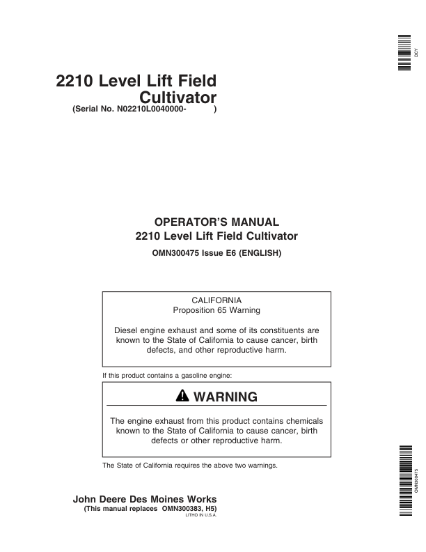 John Deere 2210 Level-Lift Field Cultivator North America (040000-740100) Operator’s Manual (OMN300475) Workshop Guide