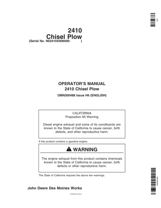 John Deere 2410 Chisel Plow North America (006000-007999) Operator’s Manual (OMN300488) Workshop Guide