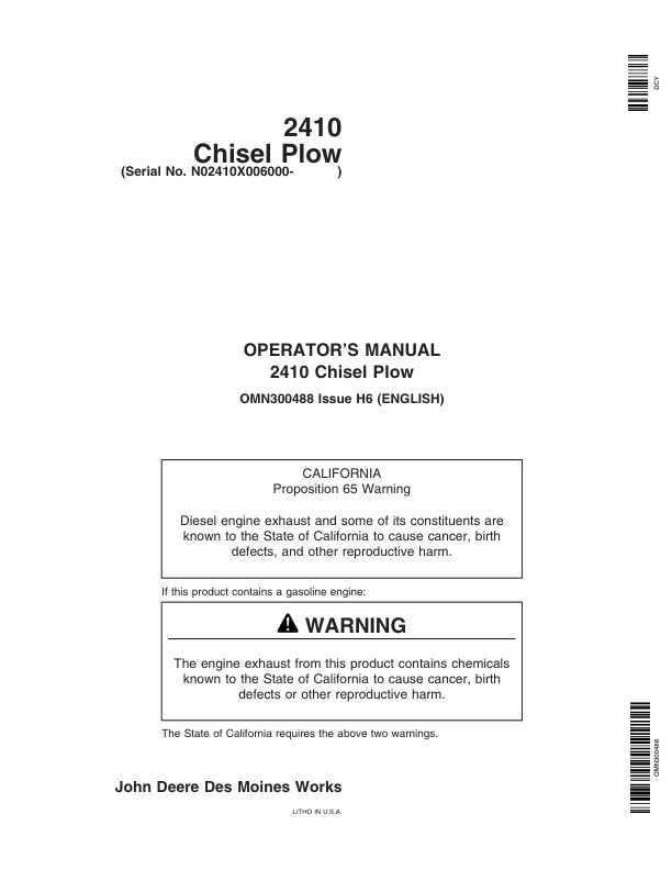 John Deere 2410 Chisel Plow North America (006000-007999) Operator’s Manual (OMN300488) Workshop Guide