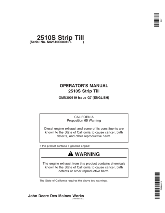 John Deere 2510S Strip Till Applicator Operator’s Manual (OMN300519) Workshop Guide