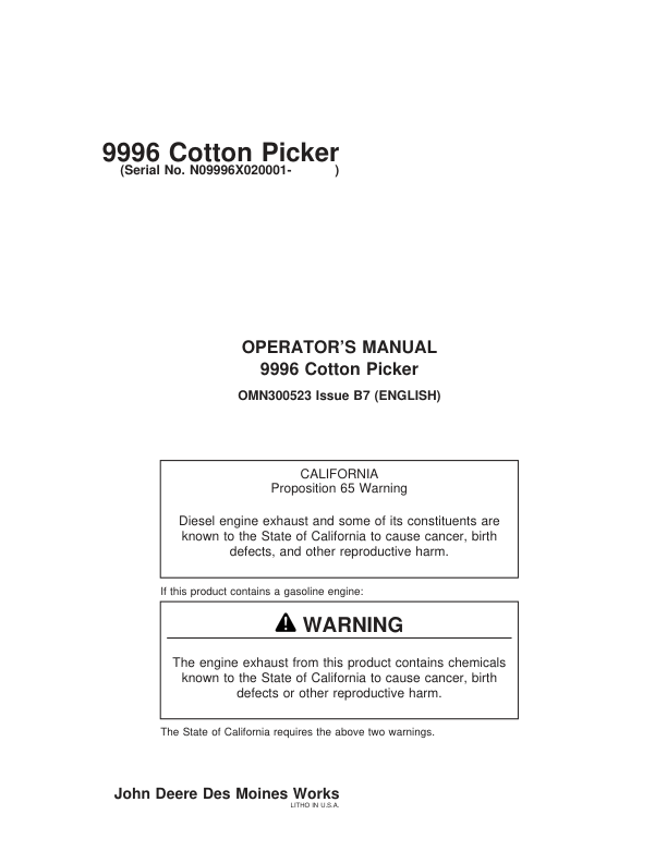 John Deere 9996 Cotton Picker (020001-) Operator’s Manual (OMN300523) Workshop Guide