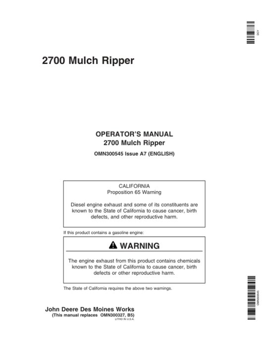 John Deere 2700 Mulch Ripper Operator’s Manual (OMN300545) Workshop Guide