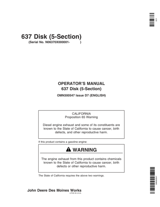 John Deere 637 Regular Rock Disk (5-Section) Operator’s Manual (OMN300547) Workshop Guide