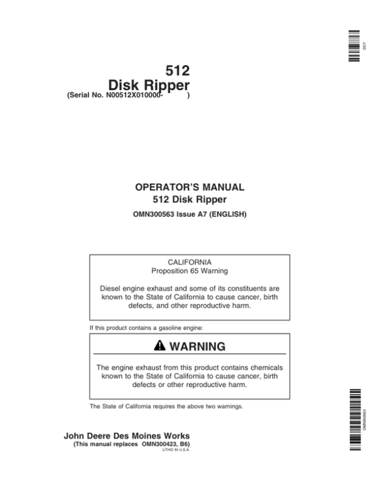 John Deere 512 Disk Ripper (010000-) Operator’s Manual (OMN300563) Workshop Guide