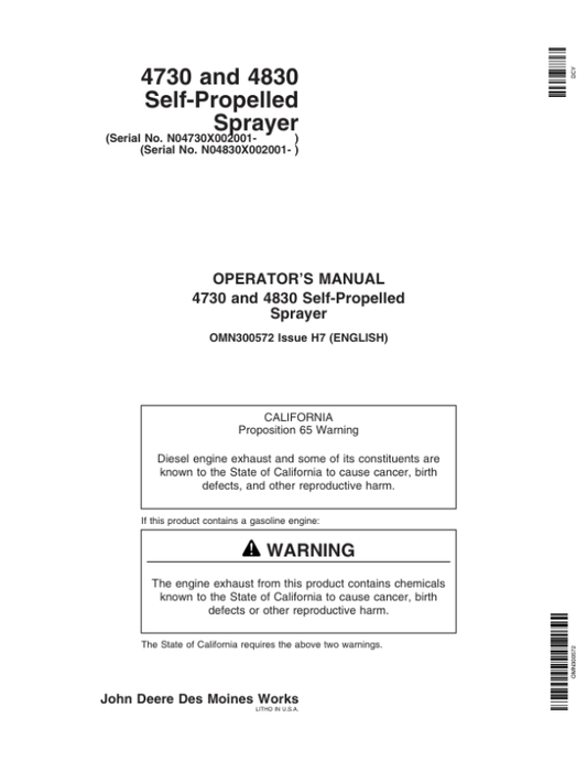 John Deere 4730 & 4830 Self-Propelled Sprayer North America (002001-004000) Operator’s Manual (OMN300572) Workshop Guide