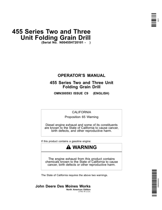 John Deere 455 Folding Grain Drills Operator’s Manual (OMN300593) Workshop Guide