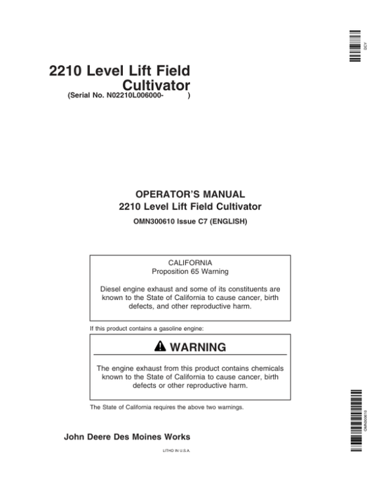 John Deere 2210 Level-Lift Field Cultivator North America (006000-007999) Operator’s Manual (OMN300610) Workshop Guide