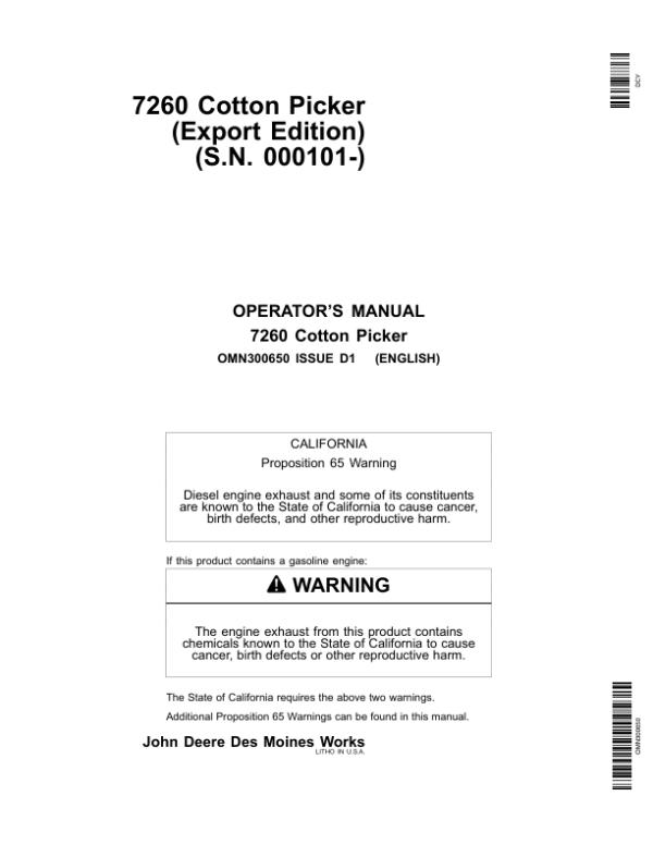 John Deere 7260 Cotton Picker (000101-) Operator’s Manual (OMN300650) Workshop Guide