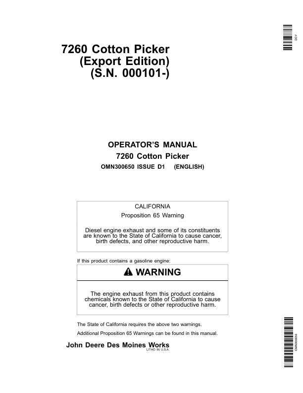 John Deere 7260 Cotton Picker (000101-) Operator’s Manual (OMN300650) Workshop Guide