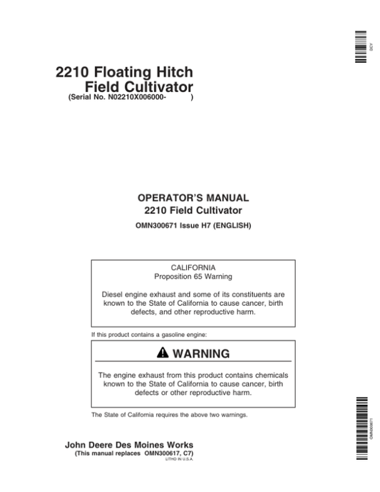 John Deere 2210 Floating Hitch Field Cultivator North America (006000-007999) Operator’s Manual (OMN300671) Workshop Guide