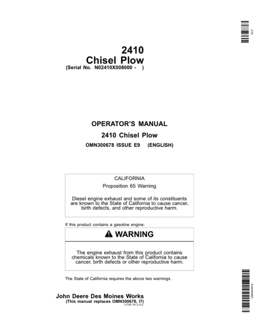 John Deere 2410 Chisel Plow North America (008000-011999) Operator’s Manual (OMN300678) Workshop Guide