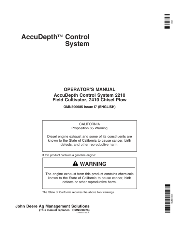 John Deere AccuDepth Control System 2210 Field Cultivator & 2410 Chisel Plow Operator’s Manual (OMN300685) Workshop Guide