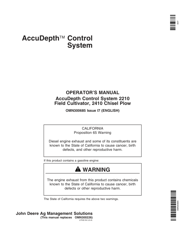 John Deere AccuDepth Control System 2210 Field Cultivator & 2410 Chisel Plow Operator’s Manual (OMN300685) Workshop Guide