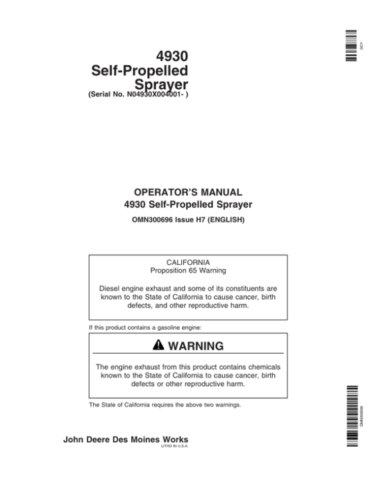 John Deere 4930 Self-Propelled Sprayer (004001-) Operator’s Manual (OMN300696) Workshop Guide