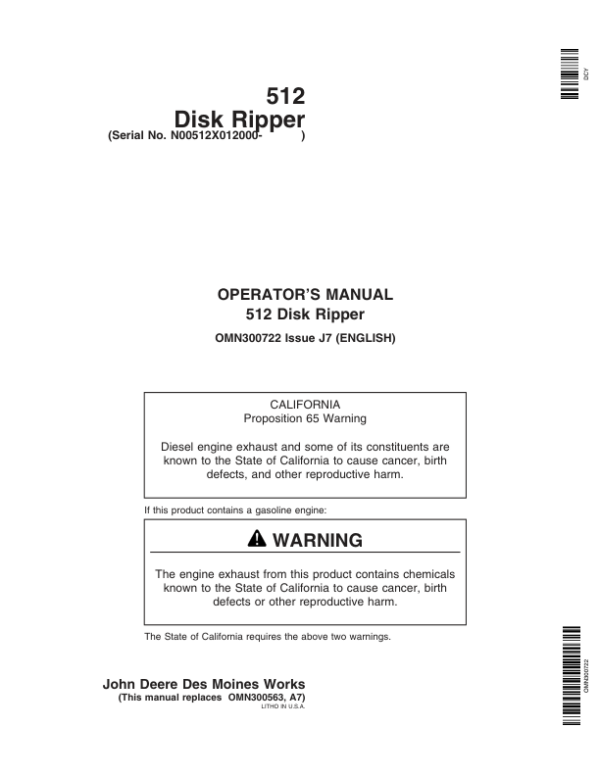 John Deere 512 Disk Ripper (012000- ) Operator’s Manual (OMN300722) Workshop Guide