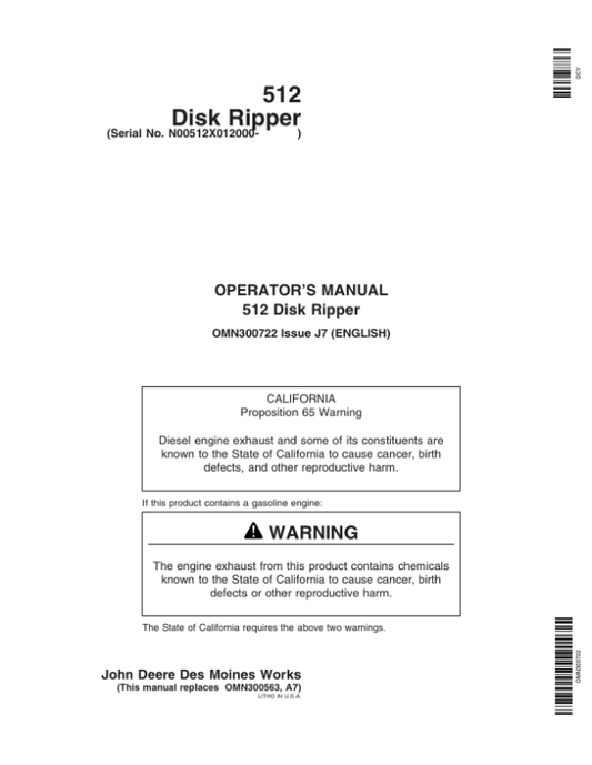 John Deere 512 Disk Ripper (012000- ) Operator’s Manual (OMN300722) Workshop Guide