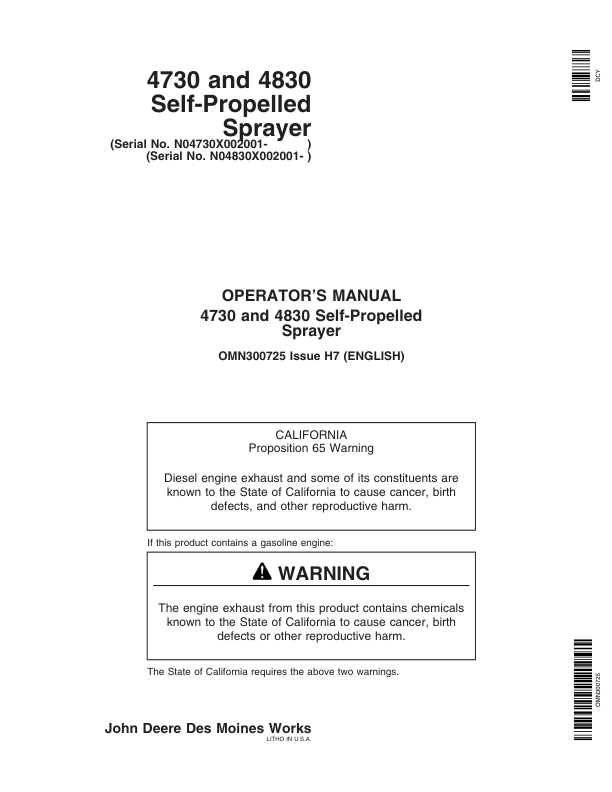 John Deere 4730 & 4830 Self-Propelled Sprayers Export Edition (002001-004000) Operator’s Manual (OMN300725) Workshop Guide