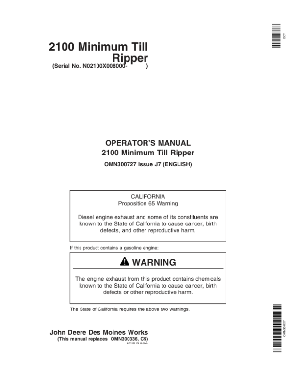 John Deere 2100 Minimum Till Ripper North America (008000-009999) Operator’s Manual (OMN300727) Workshop Guide