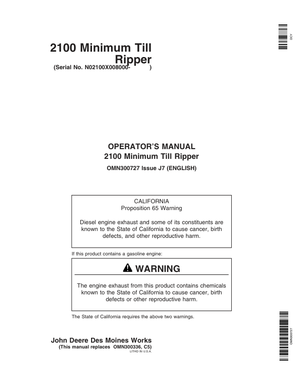 John Deere 2100 Minimum Till Ripper North America (008000-009999) Operator’s Manual (OMN300727) Workshop Guide