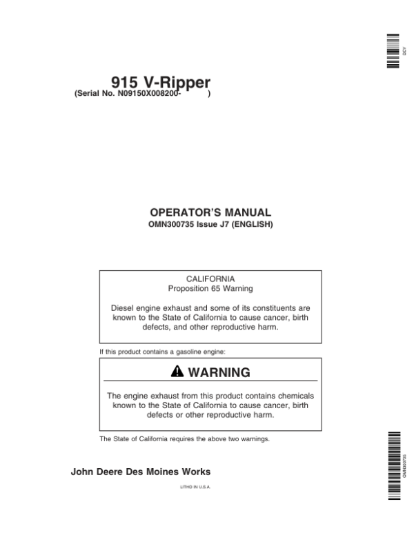 John Deere 915 V-Rippers (Mfg in USA) Operator’s Manual (OMN300735) Workshop Guide