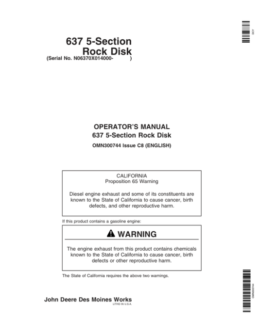 John Deere 637 Regular Rock Disk (5-Section)(014000-) Operator’s Manual (OMN300744) Workshop Guide