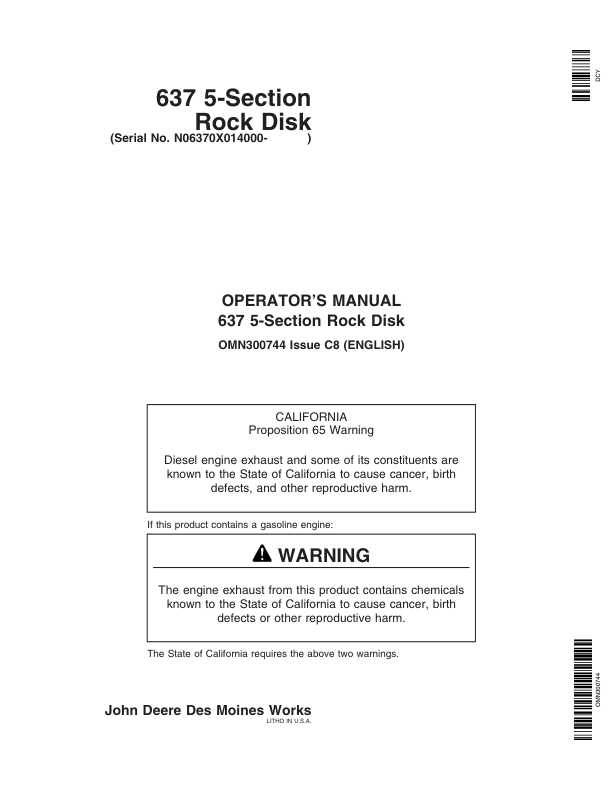 John Deere 637 Regular Rock Disk (5-Section)(014000-) Operator’s Manual (OMN300744) Workshop Guide