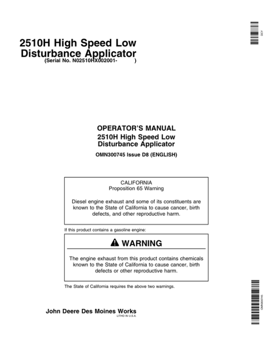John Deere 2510H High-Speed Applicators (Low-Disturbance) North America (002001-004000) Operator’s Manual (OMN300745) Workshop Guide