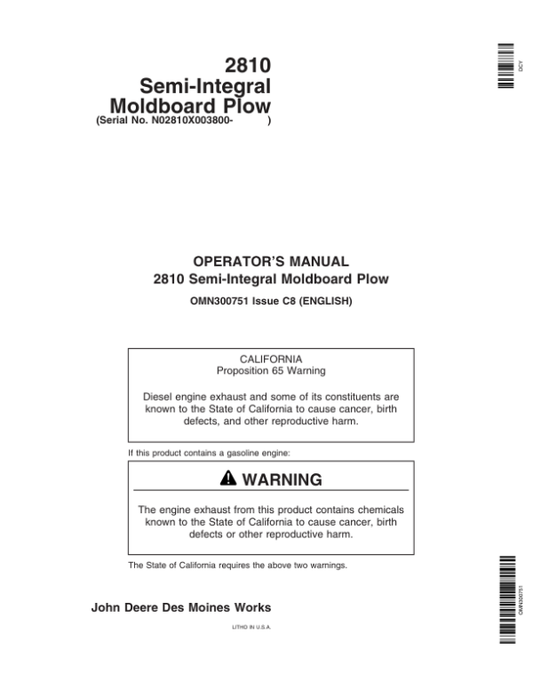 John Deere 2810 Semi-Integral Moldboard Plows Operator’s Manual (OMN300751) Workshop Guide