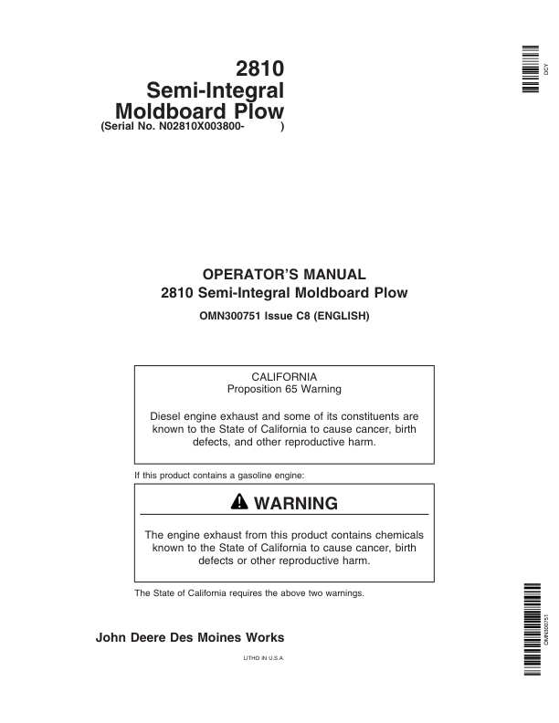 John Deere 2810 Semi-Integral Moldboard Plows Operator’s Manual (OMN300751) Workshop Guide