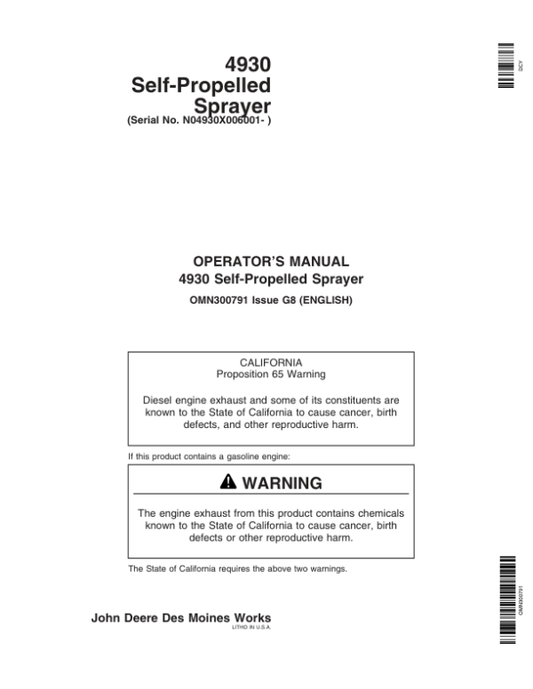 John Deere 4930 Self-Propelled Sprayer (006001-) Operator’s Manual (OMN300791) Workshop Guide